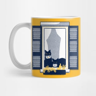 Windowsill cats - Black cat duo on a tipical italian window in a "Milano yellow" building holding le Mug